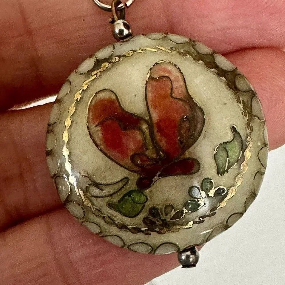 Vintage cloisonné butterfly pendant necklace